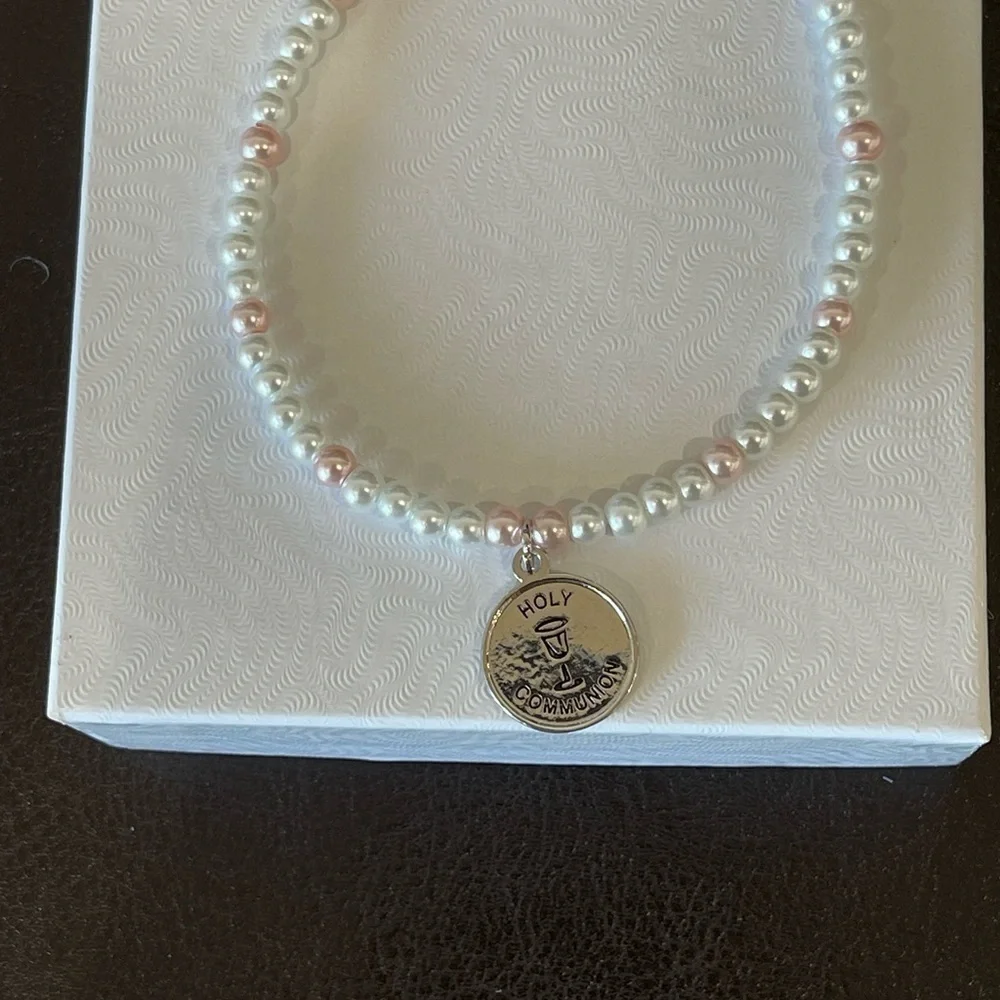 Faux pearl bead First Communion child bracelet with adjustable links
